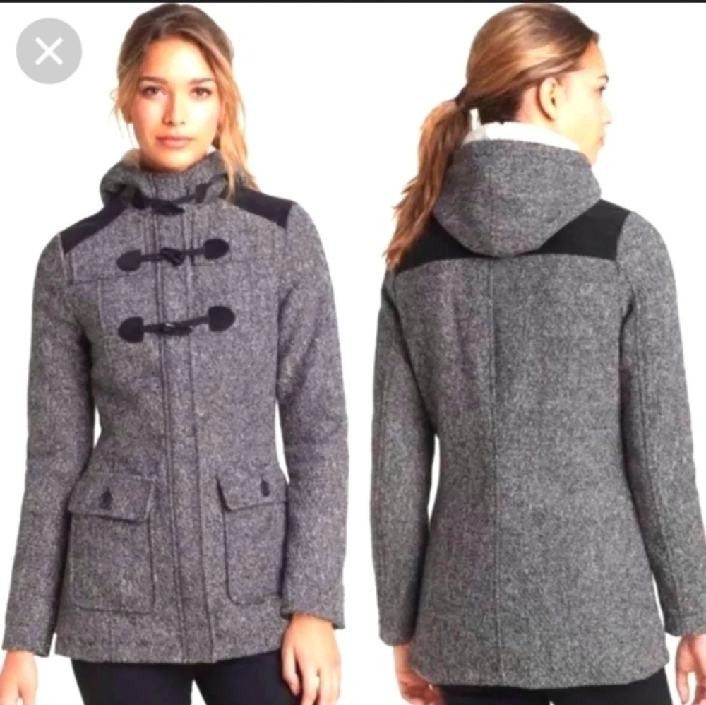 Prana Megan Black Tweed Duffle Wool Blend Jacket Sherpa Hood Toggle Womens XS